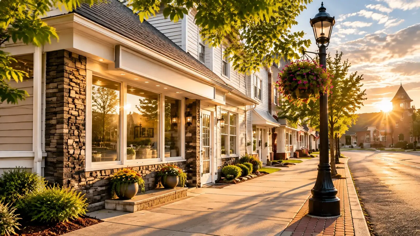 A welcoming small-town storefront on a leafy main street at golden hour